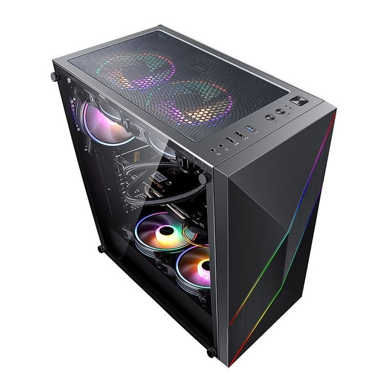 ETEK - PC Mid Tower Case แผนหน้าไม่เรียบร้อยและ Mesh พร้อม ARGB LED Strip, แผนข้างกระจกหมัด, แผน I / O ด้านบน