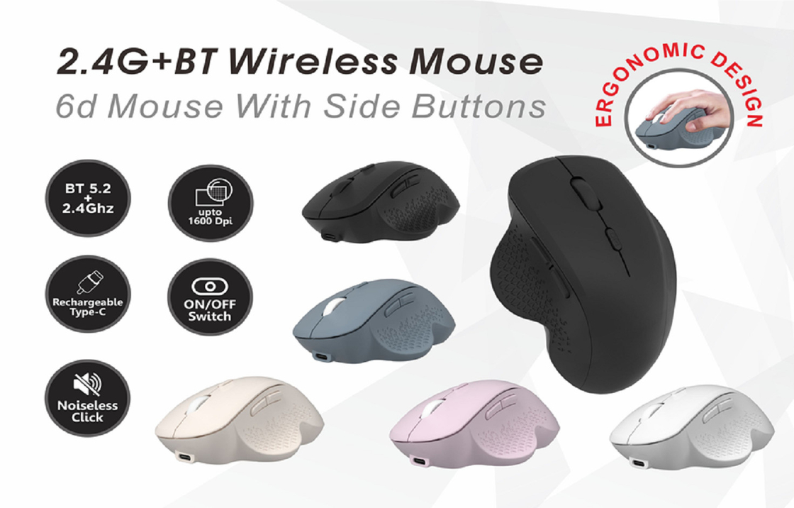 หนู 6 มิติที่มีปุ่มข้าง2.4G, บลูทูธ 5.2การออกแบบแบบ ergonomic สูงถึง 1600 DPI คลิกไม่เสียงสําหรับพนักงานสํานักงาน ผู้ออกแบบ นักเกม