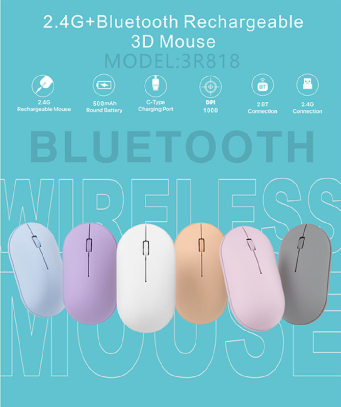 คีย์บอร์ดขาเล็บและหนูเออร์กอนอมิค ทั้งคู่มีแบตเตอรี่ 500mAh Bluetooth 3.0/2.4G การเชื่อมต่อไร้สาย 1200 DPI