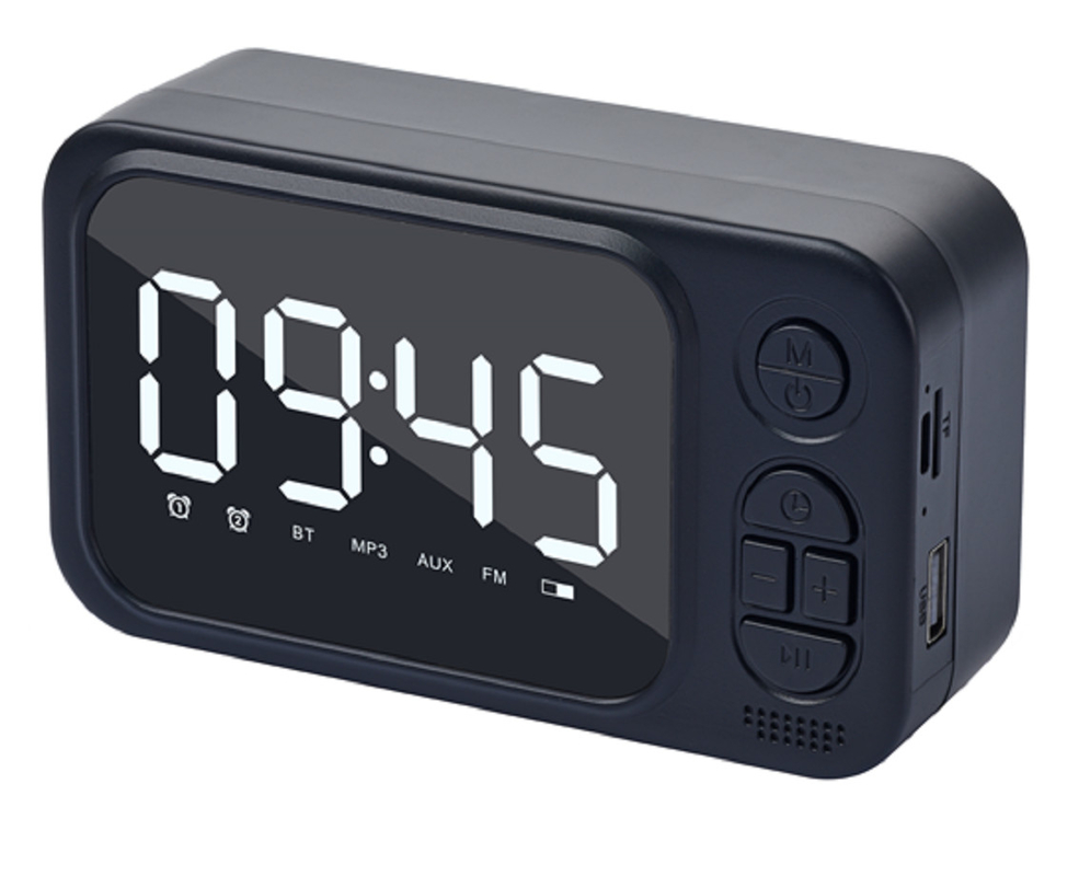 เครื่องเสียง 52 มม, ผลิต 3W RMS, รองรับ Bluetooth, AUX, การ์ด TF, USB, เครื่องวิทยุ FM, และนาฬิกา.
