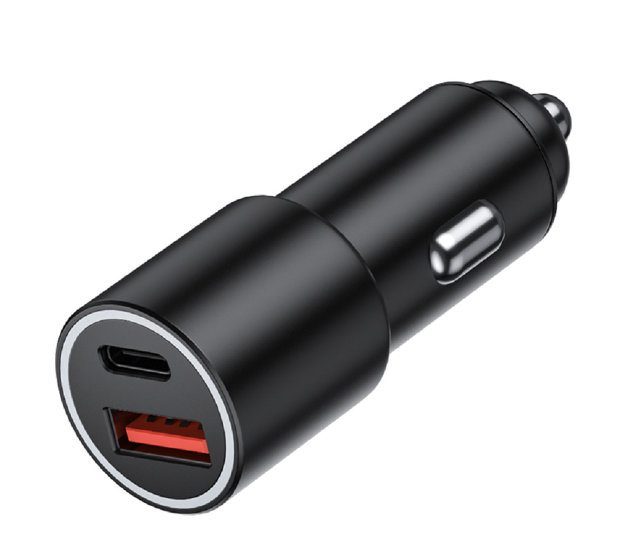 ที่ชาร์จในรถยนต์ USB-C 2 พอร์ต 48W พร้อม PD 20W & QC 18W, อินพุต DC 12-24V, ABS+PC กันไฟ