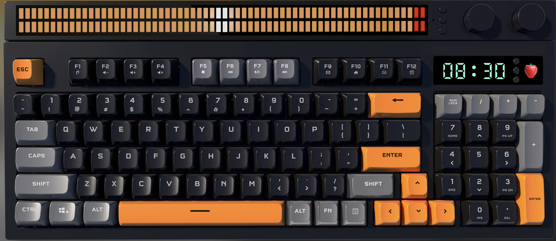 คีย์บอร์ดมัลติโหมด คีย์บอร์ดระดับไฮเอนด์พร้อมปุ่มควบคุมแบบสามโหมด ไฟ RGB นาฬิกาปลุกมะเขือเทศ การออกแบบตามหลักสรีรศาสตร์