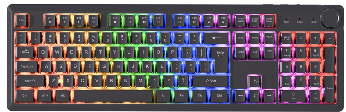 คีย์บอร์ดแบบมีสาย 104 ปุ่ม, ปุ่มมัลติมีเดีย FN, ไฟเรนโบว์, พลาสติก ABS + ปุ่มกดสีดำ + แผ่นเมมเบรนสีเงิน, น้ำหนักเบา 510 กรัม