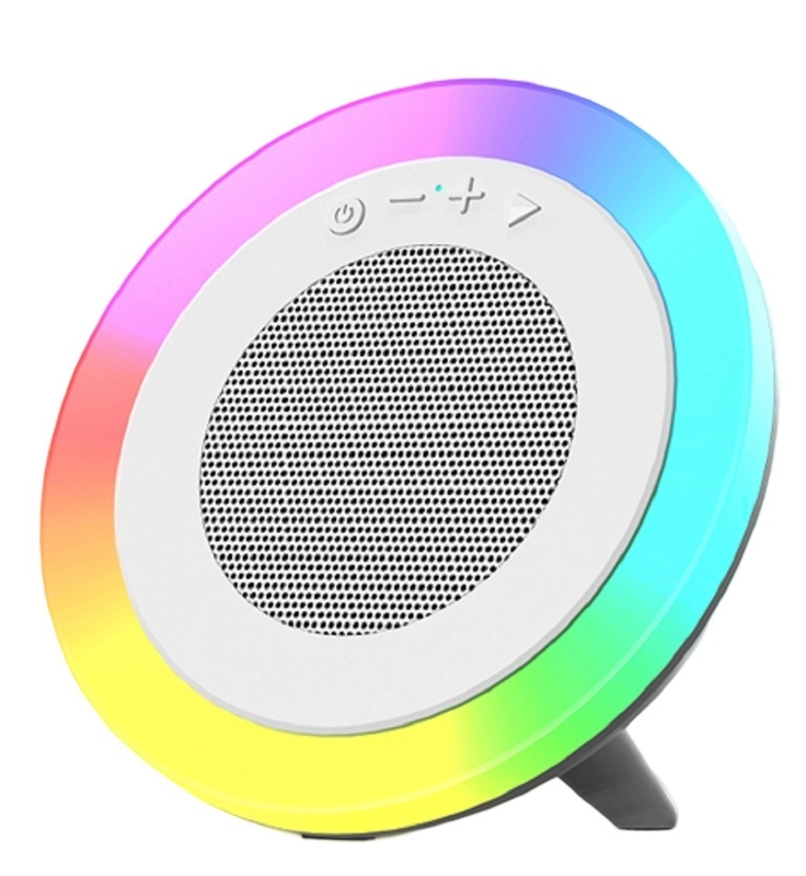 ลำโพงบลูทูธ Tri-Mode สีขาว ขนาด 66 มม. กำลังขับ 5W แบตเตอรี่ 1200mAh รองรับการเล่น USB/TF/AUX และไฟ RGB