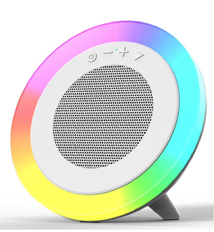ลำโพงบลูทูธ Tri-Mode สีขาว ขนาด 66 มม. กำลังขับ 5W แบตเตอรี่ 1200mAh รองรับการเล่น USB/TF/AUX และไฟ RGB