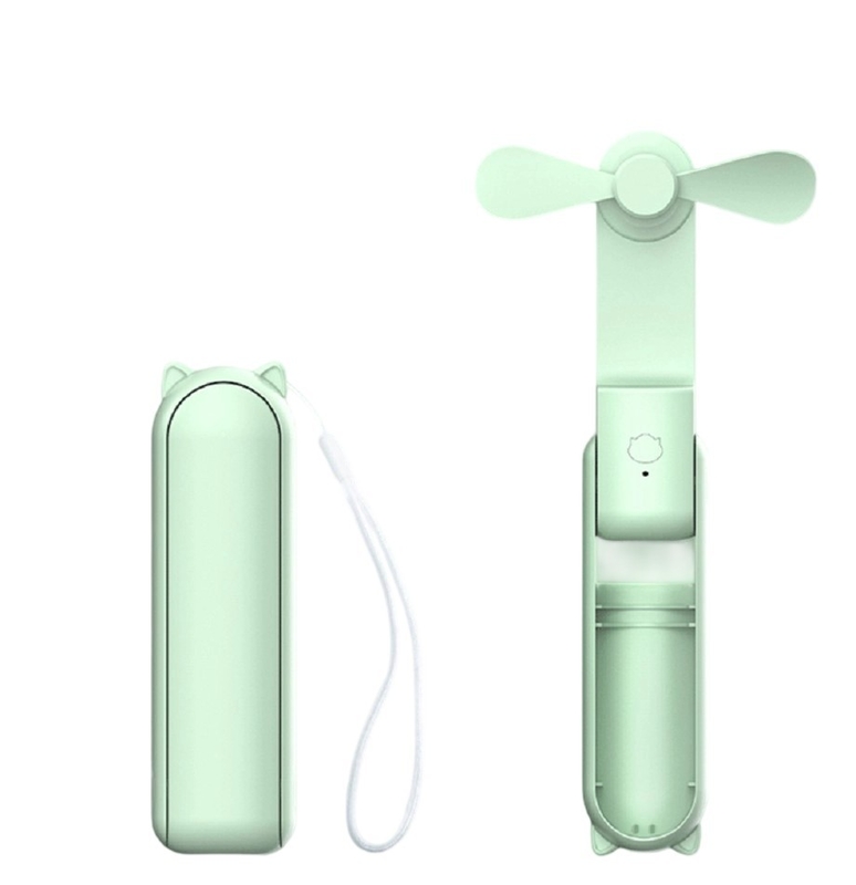 พัดลม ABS สีเขียวที่มีส่วนประกอบอิเล็กทรอนิกส์ แบตเตอรี่ 1200mAh (เวลาทํางาน 7-10 ชั่วโมง) ปรับระดับ 3 ความเร็ว ผลิต 5W การออกแบบเบา 132 กรัม