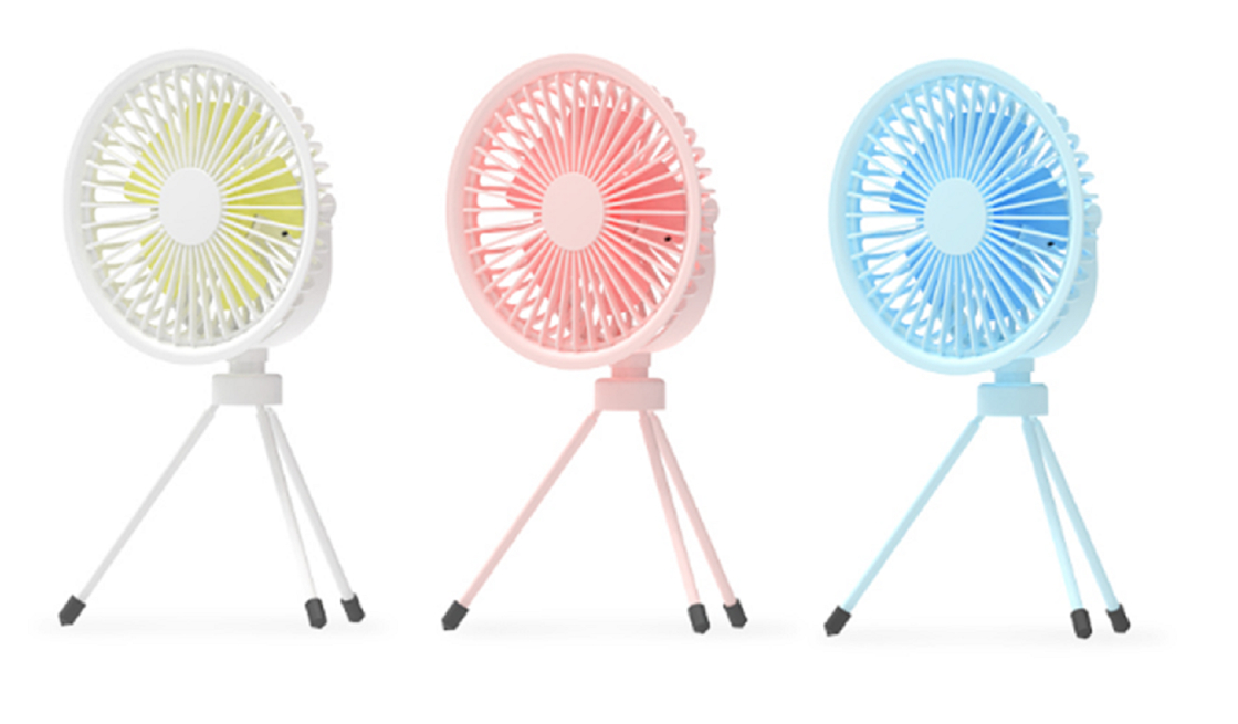พัดลมพกพา ETEK 3-in-1 (สีชมพู/ฟ้า/ขาว), แบตเตอรี่ 2000mAh (ชาร์จ 4 ชม.), วัสดุ ABS+PP+เหล็ก, 3 โหมด: ขาตั้ง/แขวน/ถือ