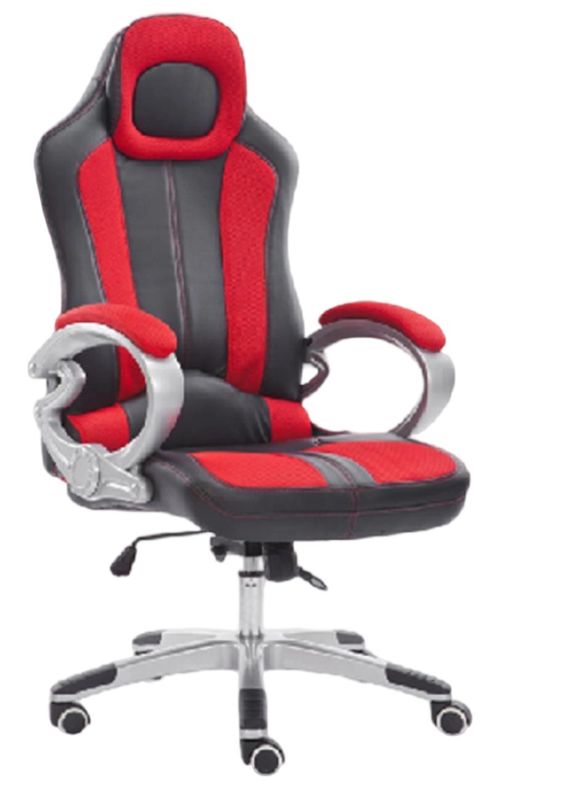 เก้าอี้เพื่อสุขภาพพร้อมล้อ PU ฐานเคลือบสีฝุ่น โช้คแก๊ส 100 มม. กลไกการเอียง ที่วางแขนตาข่ายสีแดง/ดำ