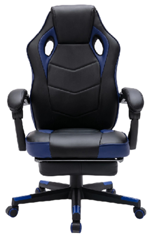 Ergonomic Gaming Chair with Built-in Footrest, 350mm Nylon Base, and Black PU with Blue PU Accents