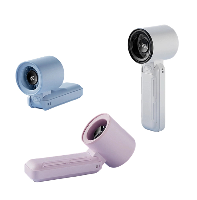 พัดลม USB ความเร็วสูงแบบพับได้พร้อมจอแสดงผล LED, 3000mAh, 5 ความเร็ว, Type-C, สีดำ/ม่วง/น้ำเงิน/ขาว, สำหรับการเดินทาง, สำนักงาน และใช้งานกลางแจ้ง