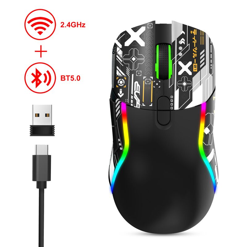 ดาวเกม RGB แบบไร้สายแบบสองแบบ2.4G + บลูทูธ, 3200 DPI,8 ปุ่ม, แบตเตอรี่ 600mAh, Type-C Rechargeable, ABS, การพิมพ์เลเซอร์
