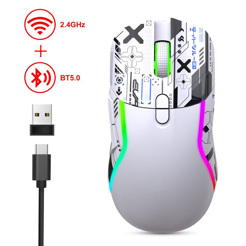 ดาวเกม RGB แบบไร้สายแบบสองแบบ2.4G + บลูทูธ, 3200 DPI,8 ปุ่ม, แบตเตอรี่ 600mAh, Type-C Rechargeable, ABS, การพิมพ์เลเซอร์