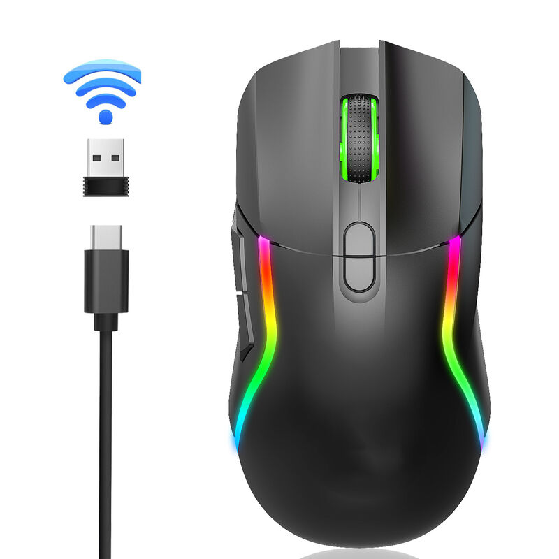 หนูเกมไร้สายแบบสองแบบ2.4G + บลูทูธ 5.0, 4 DPI ระดับ, RGB Lighting, แบตเตอรี่ 600mAh, ประเภท-C สามารถชาร์จใหม่,8 ปุ่ม