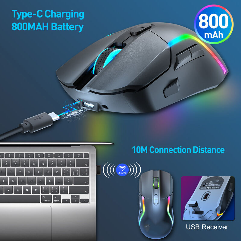 หนูเกมไร้สายแบบสองแบบ2.4G + บลูทูธ 5.0, 4 DPI ระดับ, RGB Lighting, แบตเตอรี่ 600mAh, ประเภท-C สามารถชาร์จใหม่,8 ปุ่ม