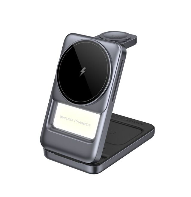 เครื่องชาร์จไร้สายแบบพับได้ 3-in-1, สีน้ำเงิน/เทา, สีเงิน/เทา, พลาสติก+โลหะ, โทรศัพท์ 15W, นาฬิกา 2.5W, หูฟัง 5W, ไฟกลางคืน