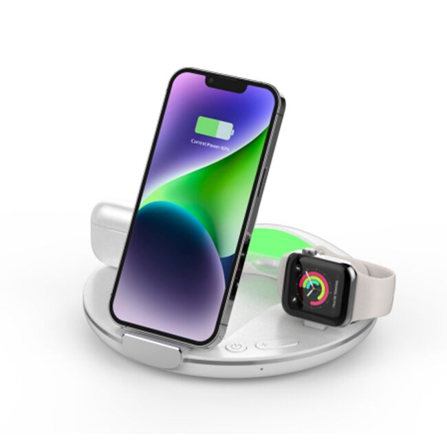 เครื่องชาร์จแม่เหล็กไร้สาย 4 ใน 1 15W โทรศัพท์ นาฬิกา 2.5W ชาร์จหูฟัง 5W สีดํา/ขาว