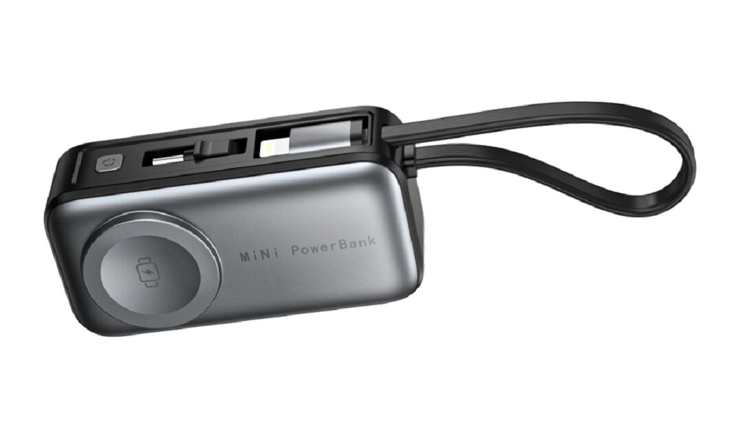 พาวเวอร์แบงค์ไร้สายขนาดเล็ก 5000mAh, 18W PD, ชาร์จ Apple Watch 2.5W, ช่องเสียบชาร์จคู่ (USB-C+Lightning), สีขาว/เงิน & สีดำ/เทา