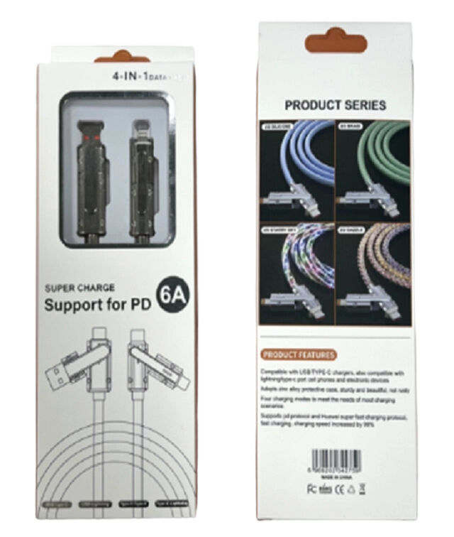 สายไฟชาร์จเร็วโปร่งใส 65W C-C, 27W C-L, ทองแดง 5 หลัก, ตัวชี้ LED