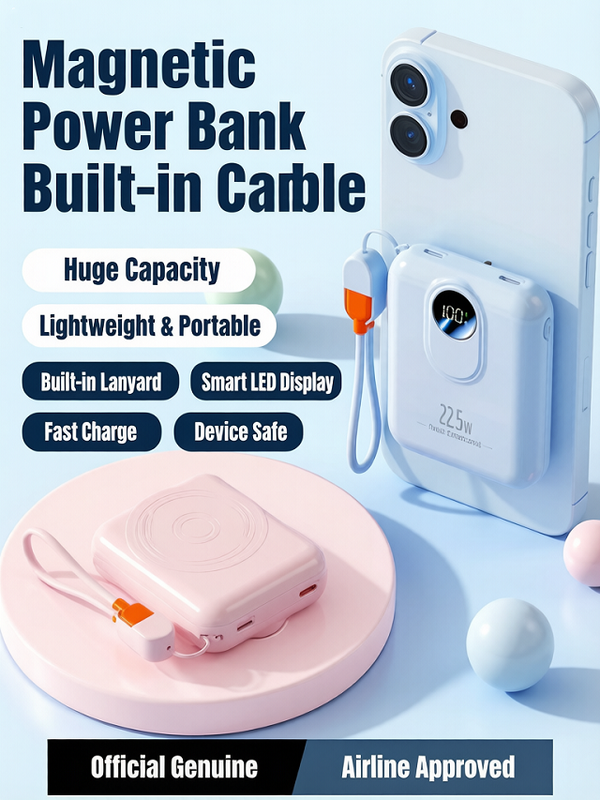 ธนาคารพลังงานแม่เหล็กไร้สาย 10000mAh ประเภท C / Lightning 20W Input, 22.5W + 15W Output, พร้อมสายไฟ