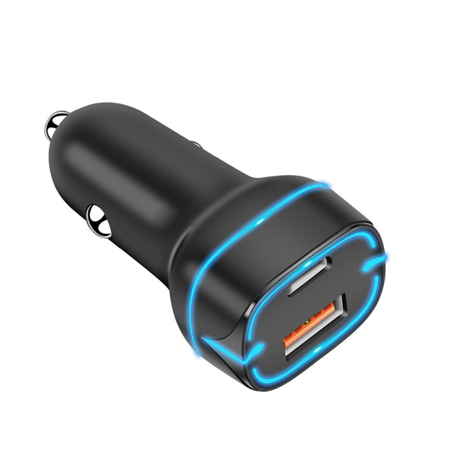 ที่ชาร์จในรถยนต์ 38W แบบ 2 พอร์ต, PD20W+QC18W กำลังไฟจริง, รองรับแรงดันไฟฟ้า 12-24V, ไฟ LED สีฟ้า