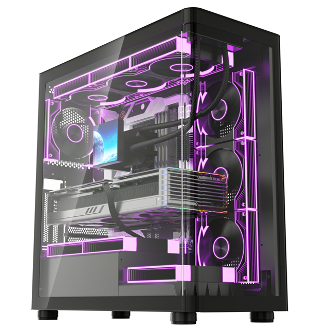 เคสเกมมิ่ง ATX กระจกโค้งด้านหน้า รองรับ AIO 360 มม. ด้านบน + GPU 410 มม., USB 3.0 Front I/O, โครงสร้างเคสแบบทาวเวอร์พร้อมแผงข้างแบบไม่ต้องใช้เครื่องมือ