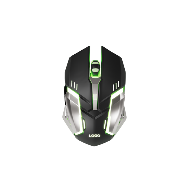 เมาส์เกมมิ่งแบบมีสาย 6D, ปรับ DPI ได้ 3600 + ฐานถ่วงน้ำหนักโลหะ, ABS สีดำด้านพร้อมขอบเงินและโลโก้ LED, USB Plug-and-Play